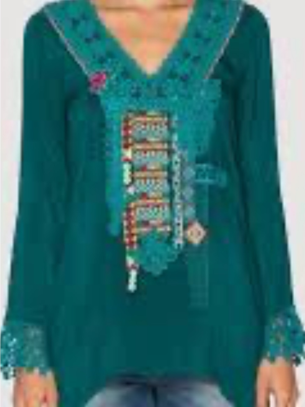 EUC Johnny Was Lorelai mixed media crochet lace trim tunic
